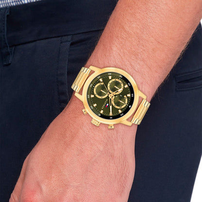 Herrenarmbanduhr Tommy Hilfiger Rocky mit goldfarbenem Edelstahlarmband und schwarzem Zifferblatt