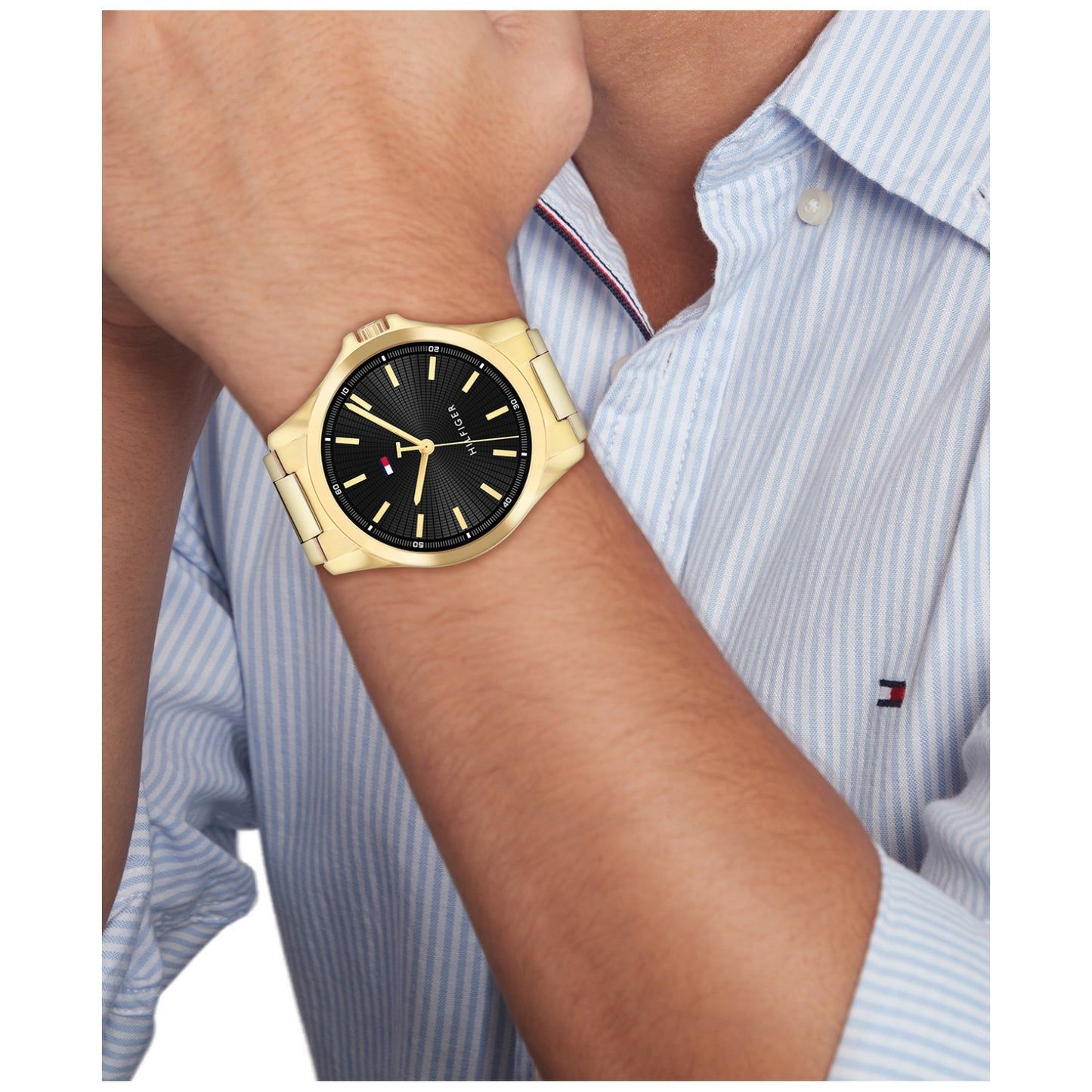 Tommy Hilfiger Bruce Herrenarmbanduhr: goldfarbenes Armband, schwarzes Zifferblatt