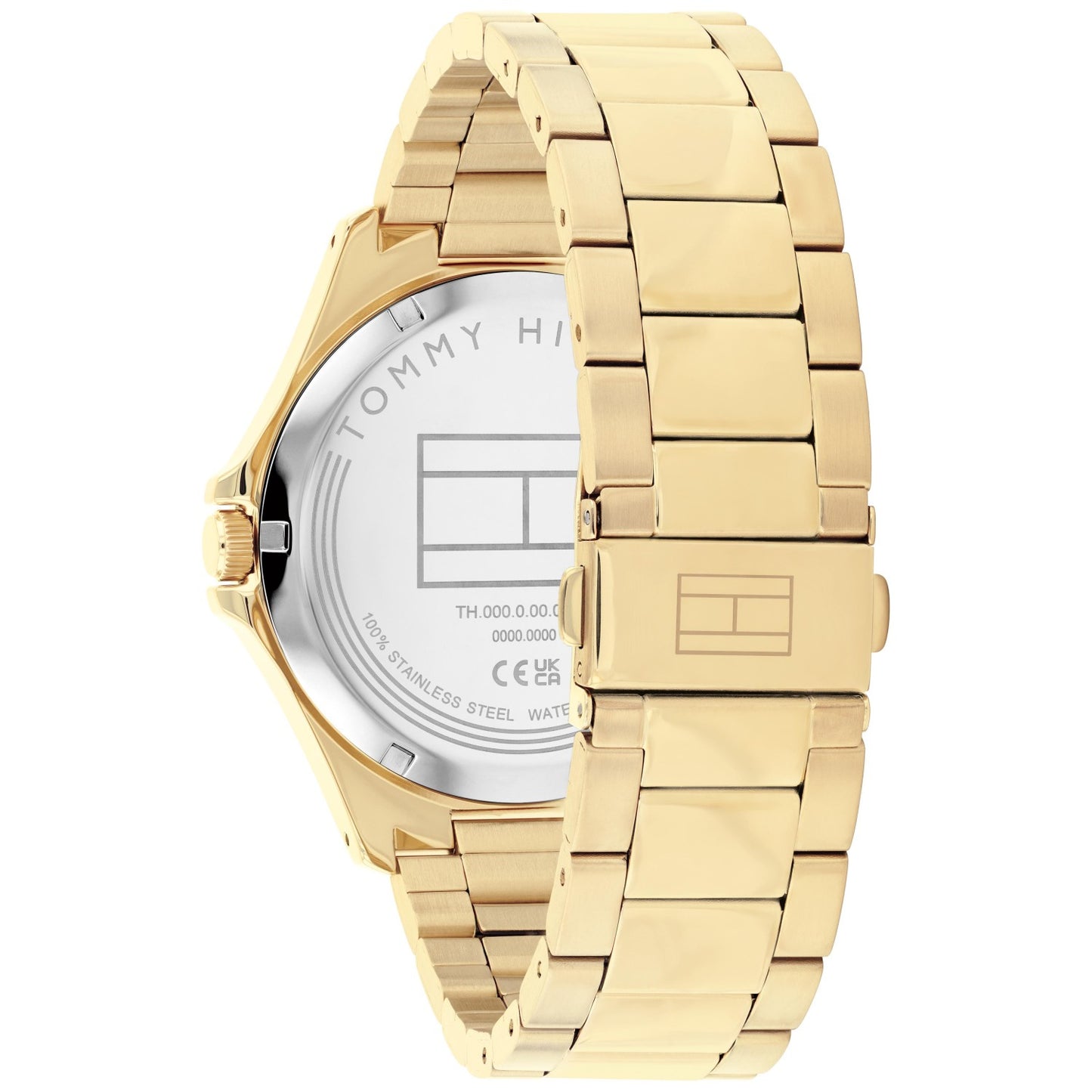 Tommy Hilfiger Bruce Herrenarmbanduhr mit goldfarbenem Edelstahlarmband, sichtbarer Rückseite