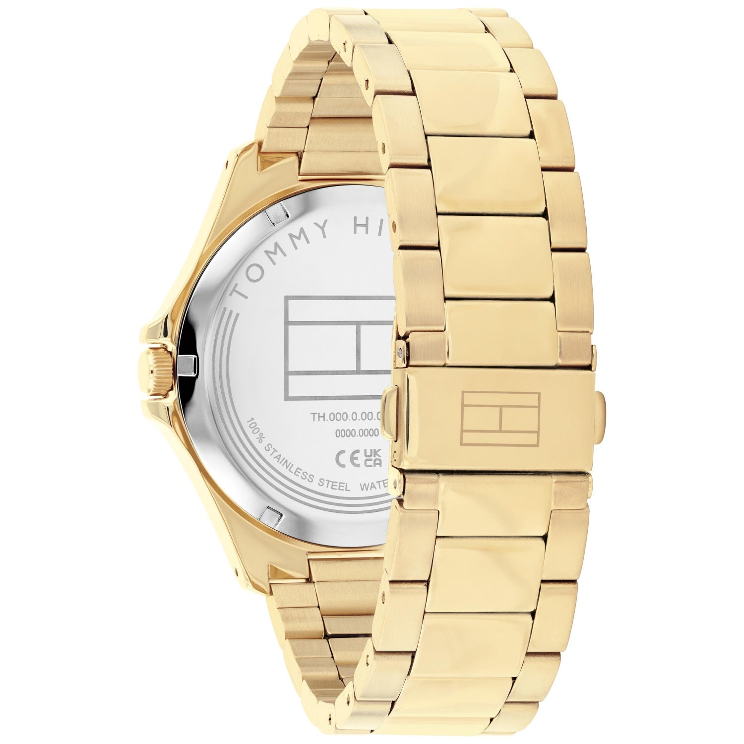 Tommy Hilfiger Bruce Herrenarmbanduhr mit goldfarbenem Edelstahlarmband, sichtbarer Rückseite