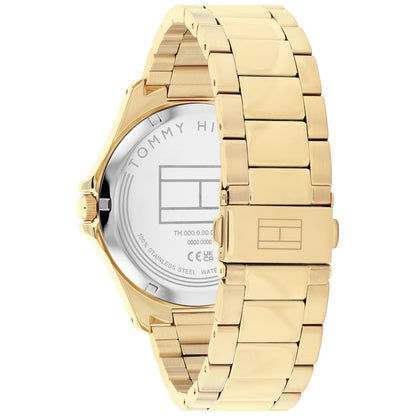 Tommy Hilfiger Bruce Herrenarmbanduhr mit goldfarbenem Edelstahlarmband, sichtbarer Rückseite