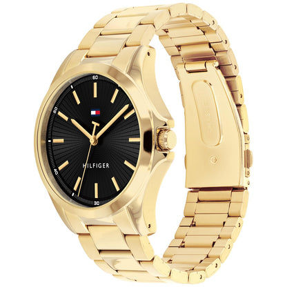 Tommy Hilfiger Bruce Herrenarmbanduhr, goldenes Edelstahlband, schwarzes Zifferblatt