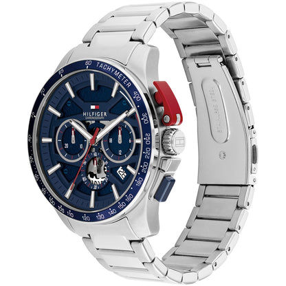 Quarzarmbanduhr, silbernes Metallarmband, blaues Chronographenzifferblatt mit Tachymeter