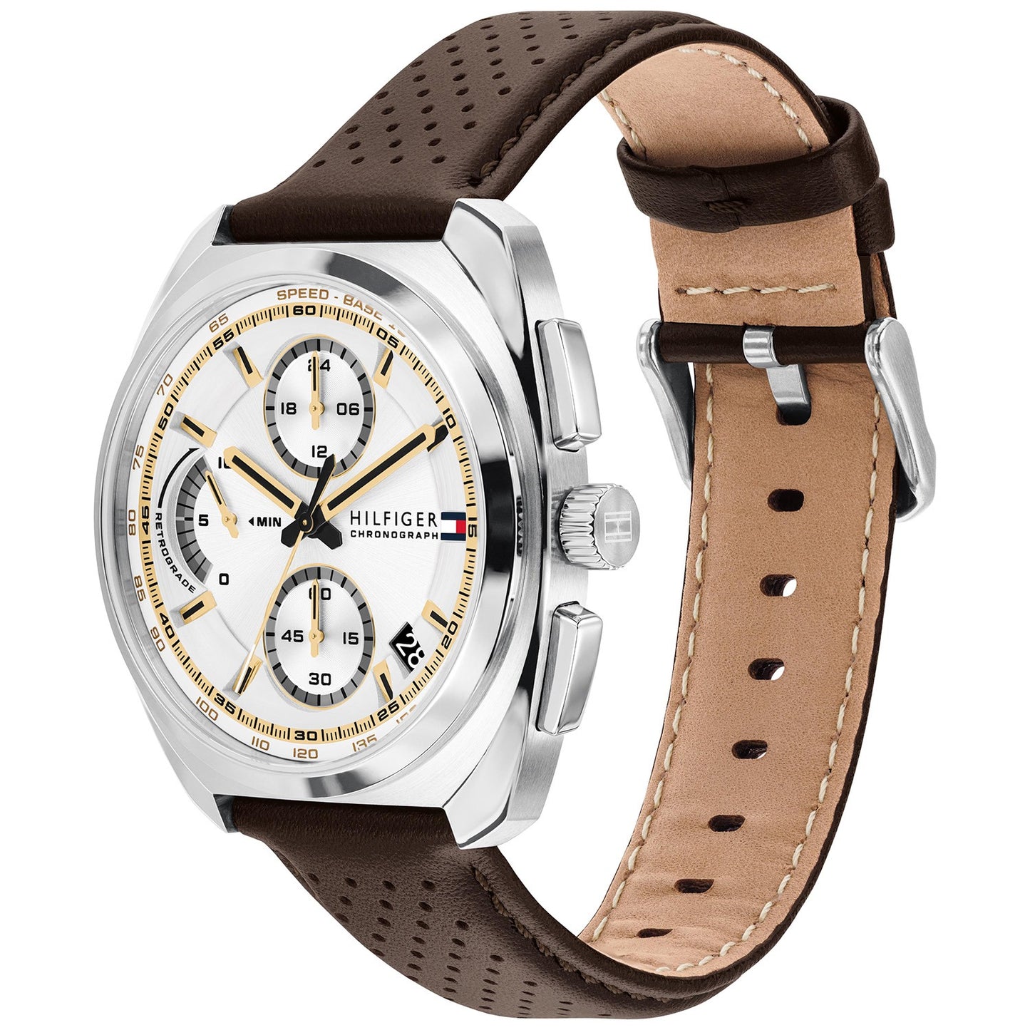 Herren-Chronograph mit braunem perforiertem Lederarmband, sichtbare Kante und Nähte