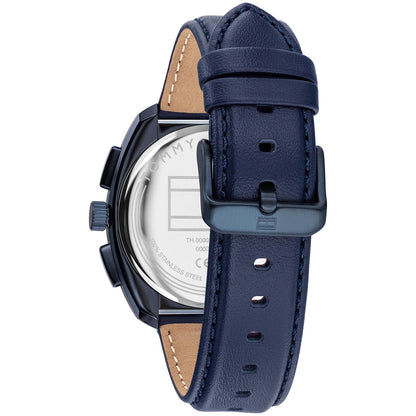 Herren-Chronograph Rückansicht mit dunkelblauem Lederarmband und Metallgehäuse