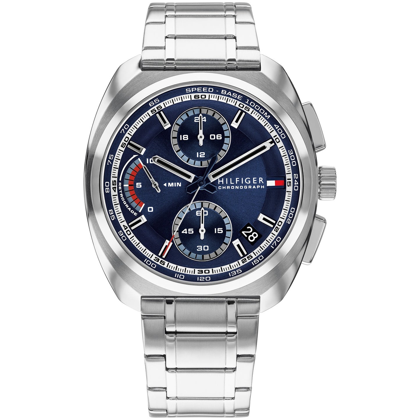 Herren-Chronograph Tommy Hilfiger Uhr mit blauem Zifferblatt und Edelstahlband.