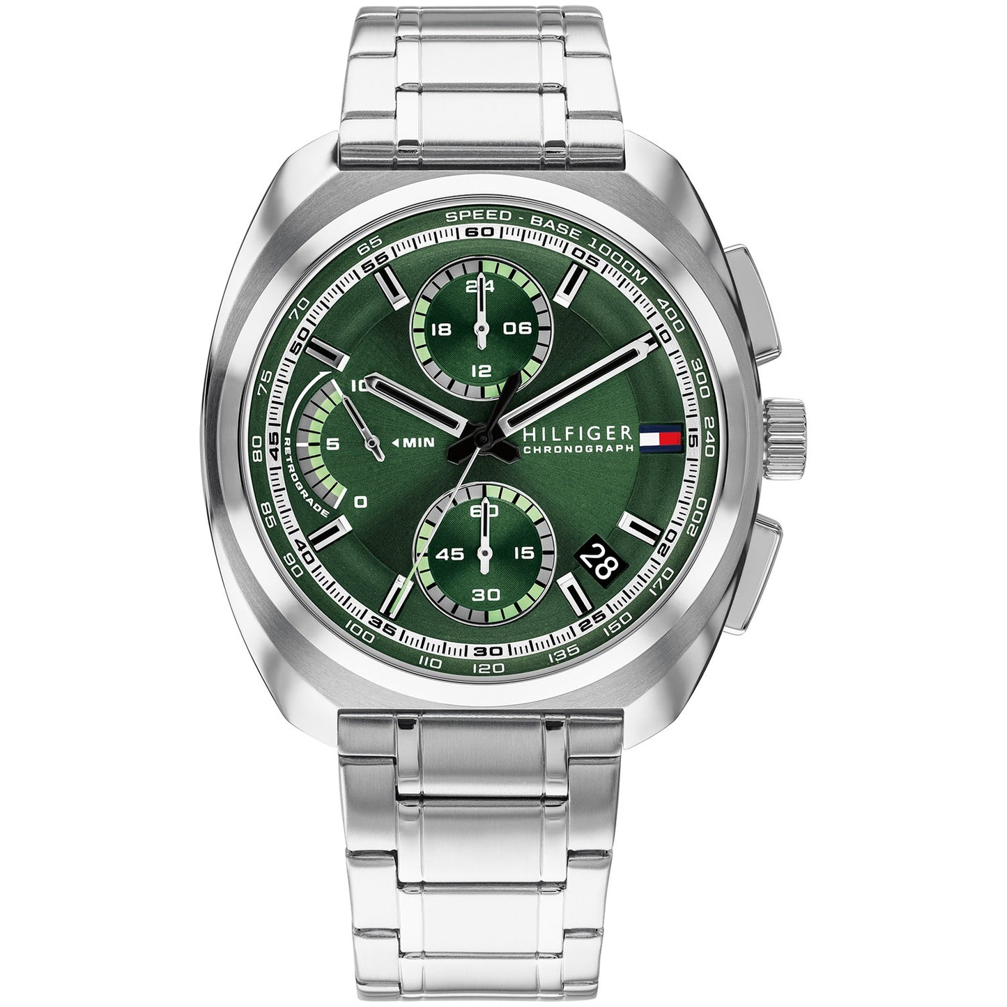 Herren-Armbanduhr: grünes Chronographenzifferblatt, Edelstahlarmband, rundes Gehäuse