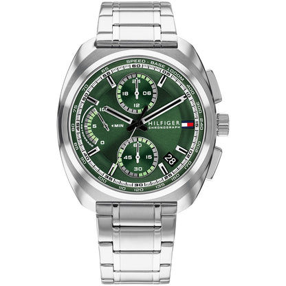 Herren-Armbanduhr: grünes Chronographenzifferblatt, Edelstahlarmband, rundes Gehäuse
