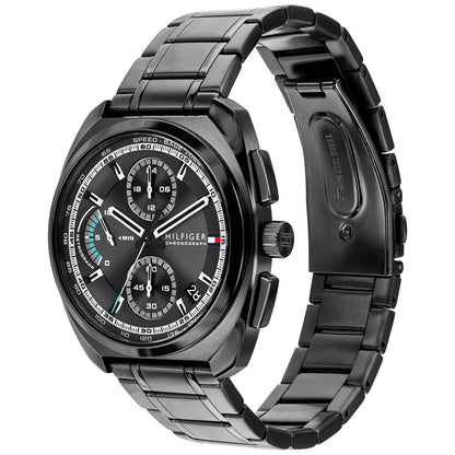 Tommy Hilfiger Chronograph mit sichtbarer Krone, schwarzes Edelstahlarmband und Zifferblatt
