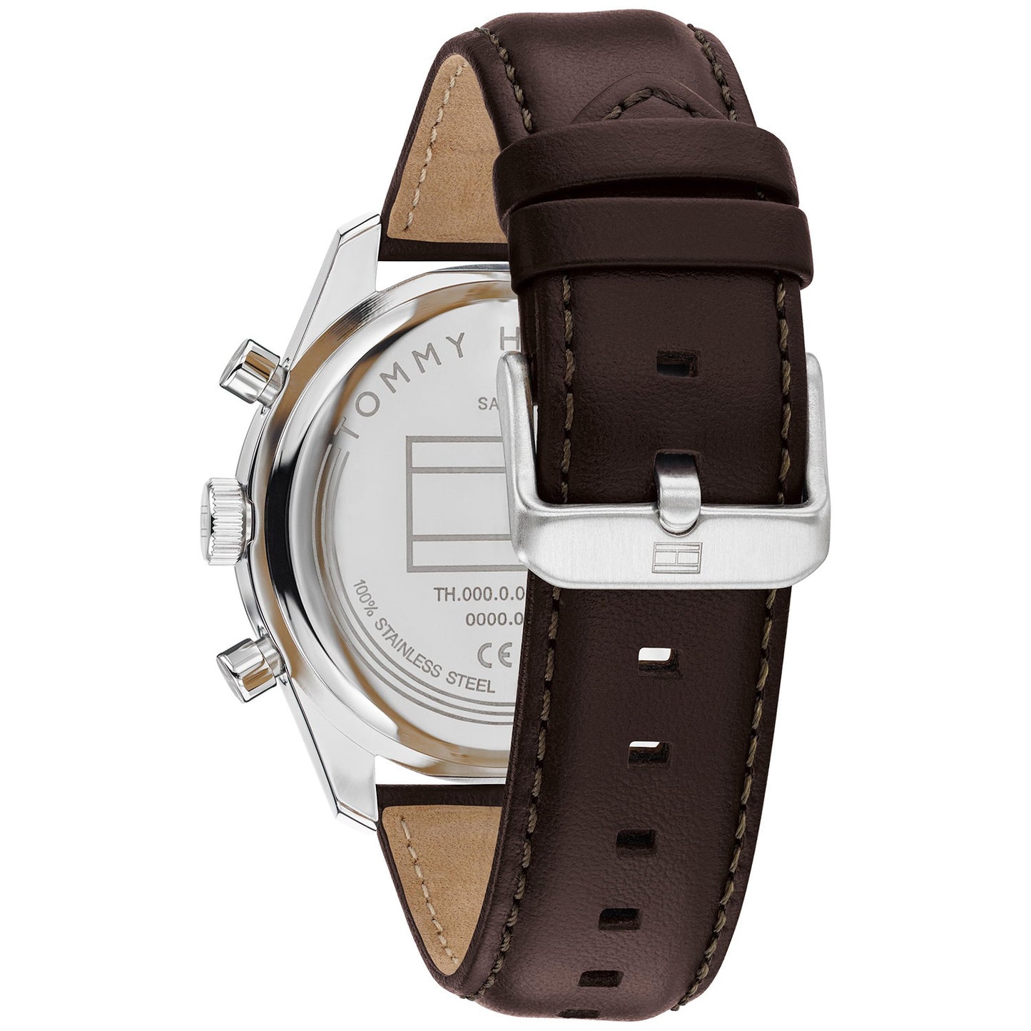 Herrenarmbanduhr seitlich: braunes Lederarmband mit Dornschließe und Metallgehäuse
