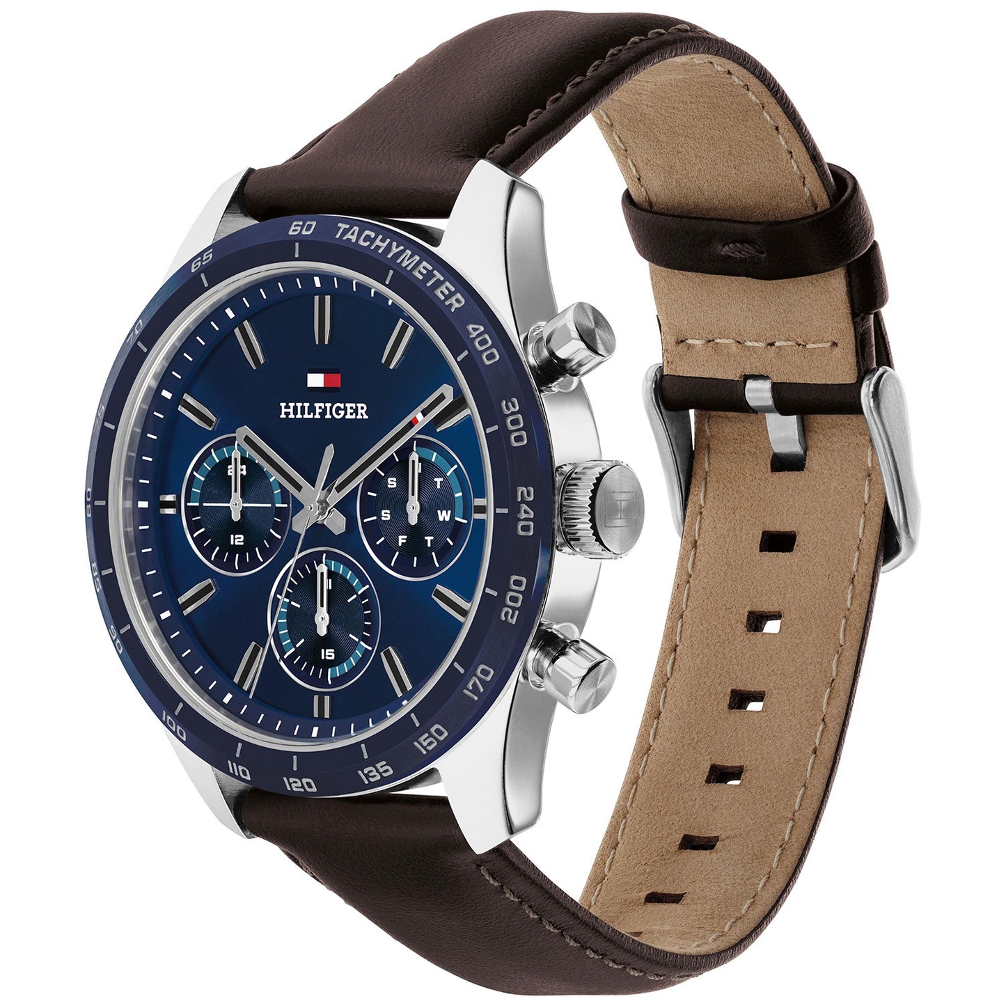 Herrenarmbanduhr mit blauem Zifferblatt und Tachymeter, braunem Lederarmband