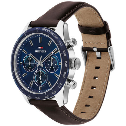 Herrenarmbanduhr mit blauem Zifferblatt und Tachymeter, braunem Lederarmband