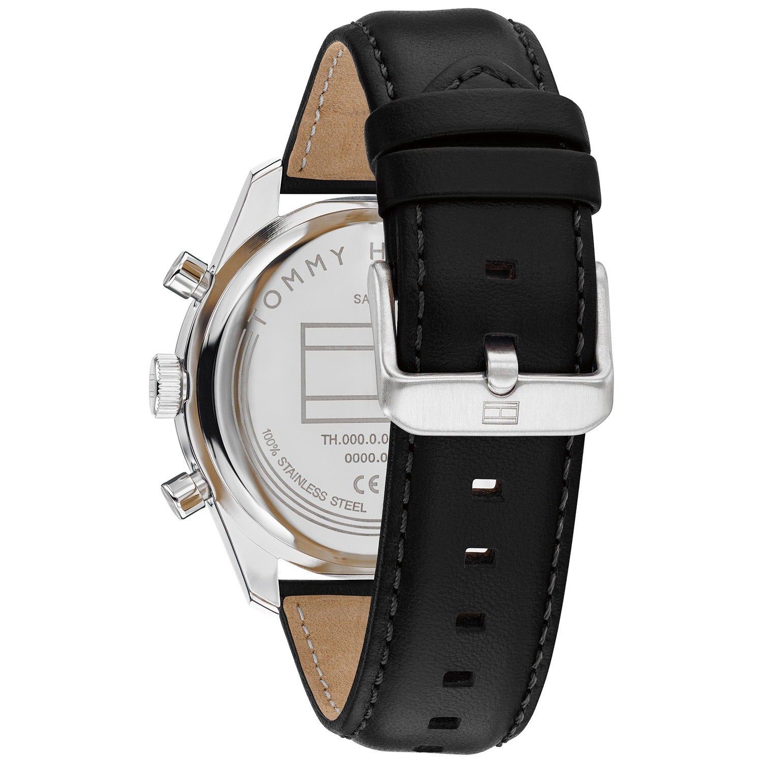 Tommy Hilfiger Herren-Armbanduhr mit schwarzem Lederband, sichtbarem Edelstahl-Caseback und Kronen
