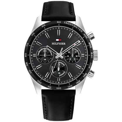 HILFIGER Quarzarmanduhr mit schwarzem Zifferblatt, Chronograph-Details und schwarzem Lederarmband