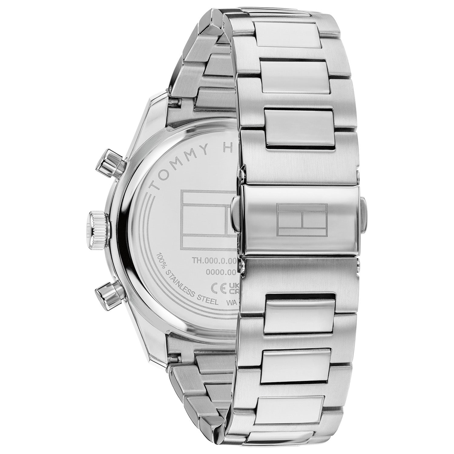 Herrenarmbanduhr: Edelstahlgehäuse und -armband, Rückseite mit Gravuren sichtbar.