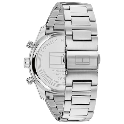 Herrenarmbanduhr: Edelstahlgehäuse und -armband, Rückseite mit Gravuren sichtbar.