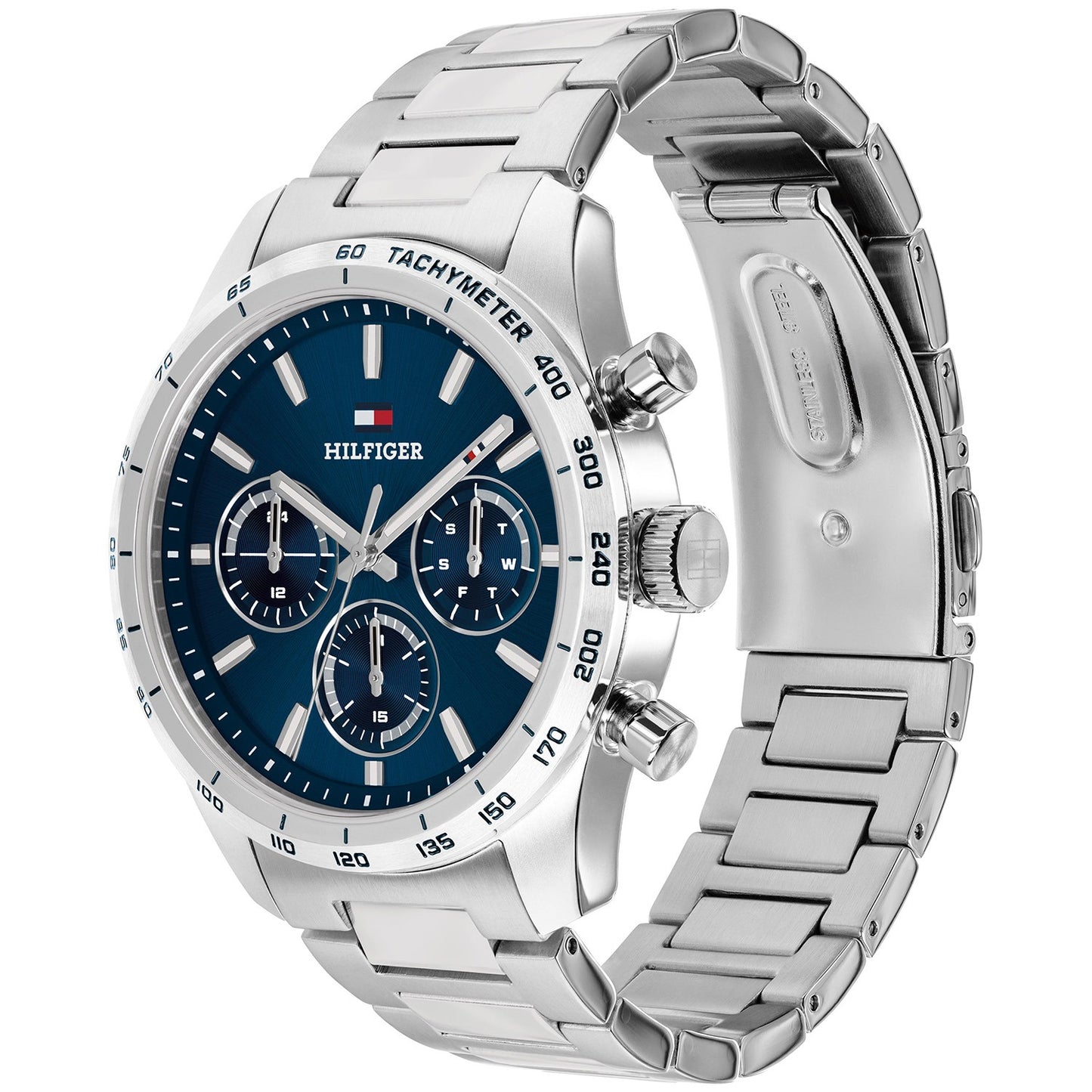 Herrenarmbanduhr, Edelstahlgehäuse und -band, blaues Zifferblatt mit Tachymeter-Ring.