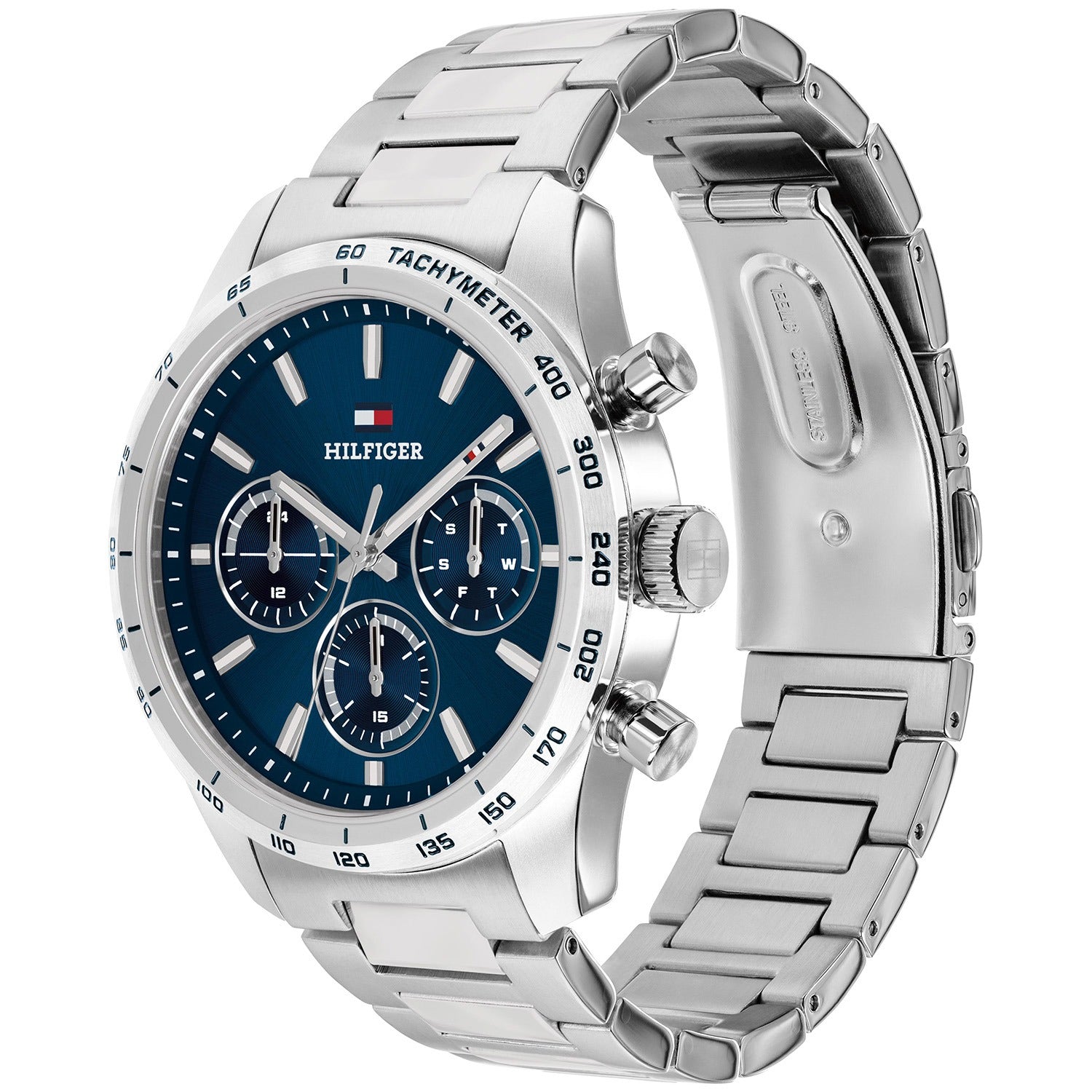 Herrenarmbanduhr, Edelstahlgehäuse und -band, blaues Zifferblatt mit Tachymeter-Ring.