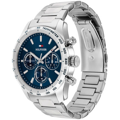 Herrenarmbanduhr, Edelstahlgehäuse und -band, blaues Zifferblatt mit Tachymeter-Ring.