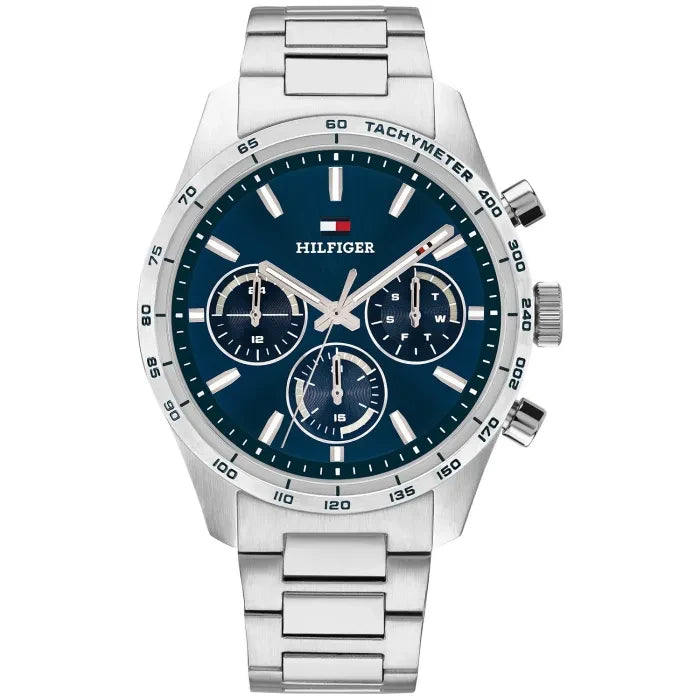 Tommy Hilfiger Herren-Armbanduhr mit blauem Zifferblatt, Edelstahlband und Tachymeter-Lünette