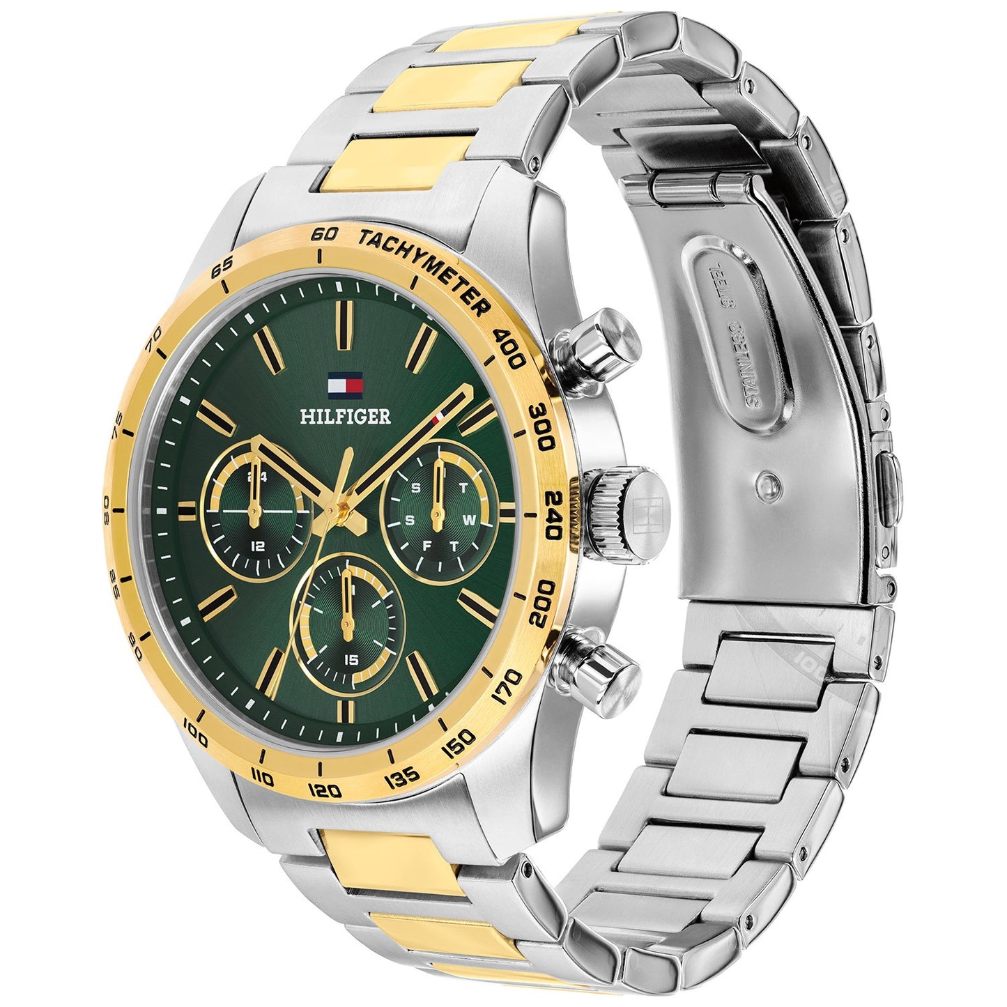 Tommy Hilfiger Armbanduhr mit grünem Zifferblatt und Tachymeter-Lünette, Edelstahlband