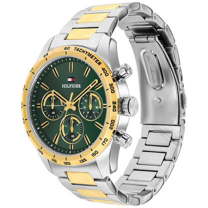 Tommy Hilfiger Armbanduhr mit grünem Zifferblatt und Tachymeter-Lünette, Edelstahlband