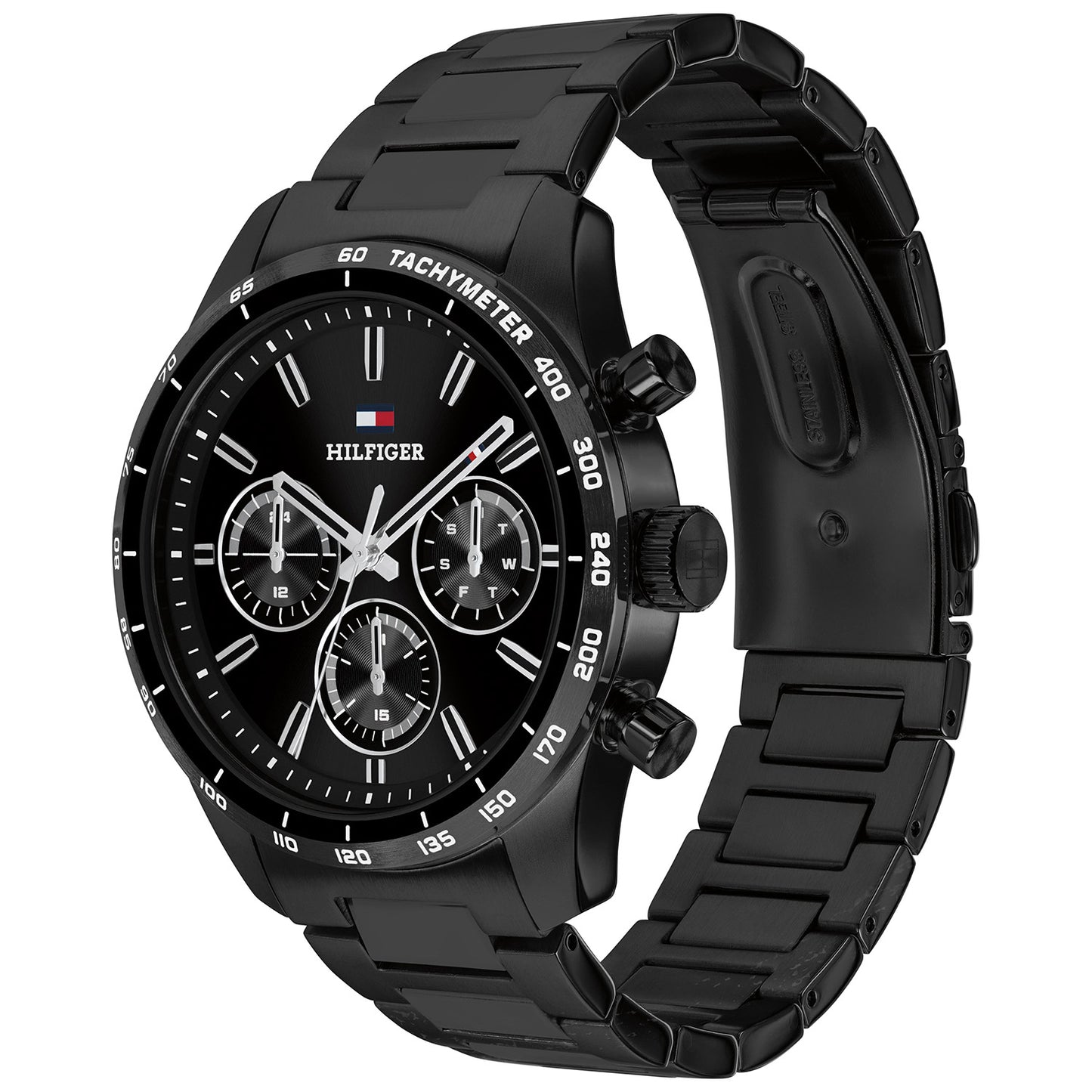 Tommy Hilfiger Herrenarmbanduhr mit schwarzer Lünette, Tachymeter und Chronographenziffern