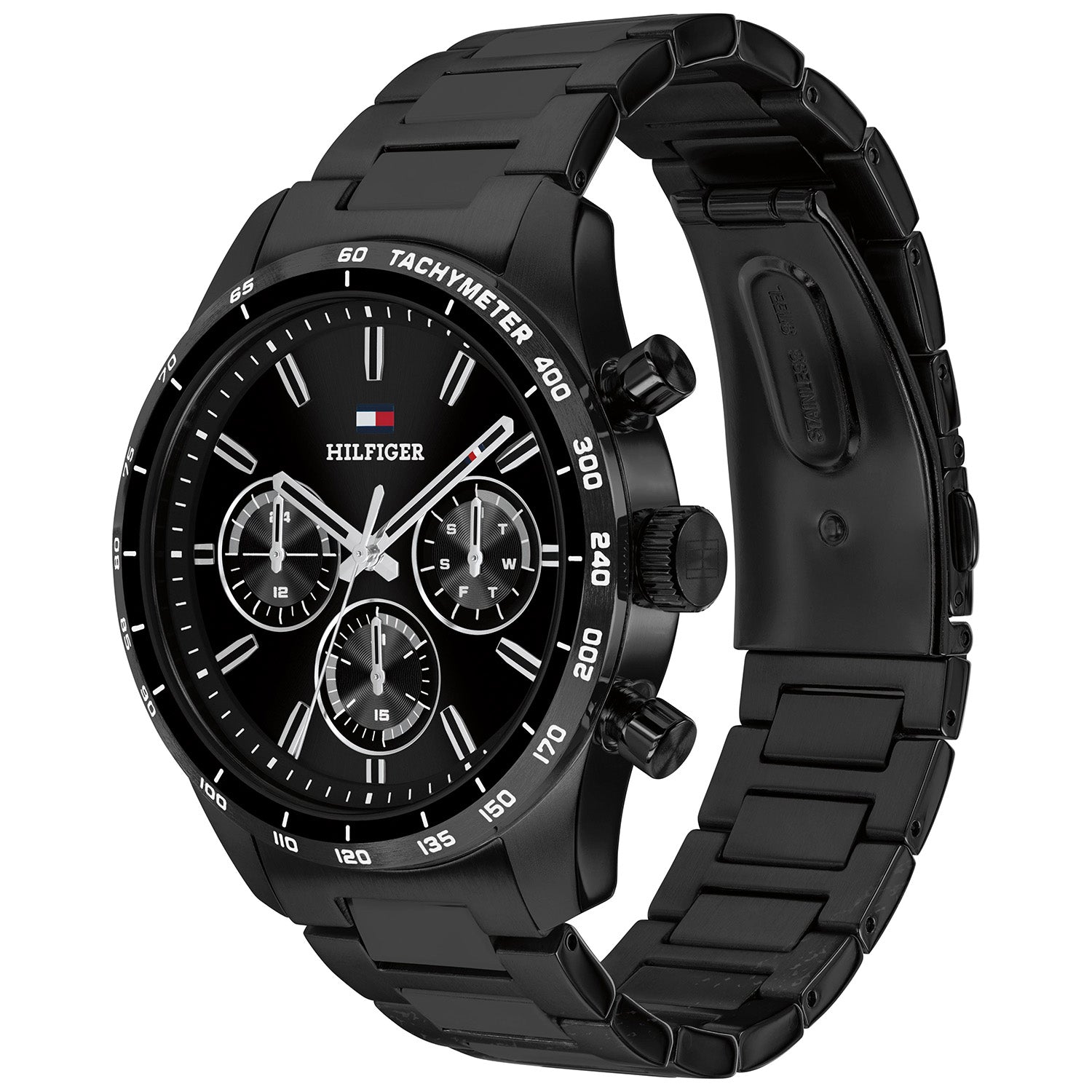 Tommy Hilfiger Herrenarmbanduhr mit schwarzer Lünette, Tachymeter und Chronographenziffern