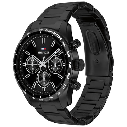 Tommy Hilfiger Herrenarmbanduhr mit schwarzer Lünette, Tachymeter und Chronographenziffern