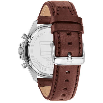 Herrenarmbanduhr mit braunem Lederarmband, silbernem Gehäuse und Rückseite