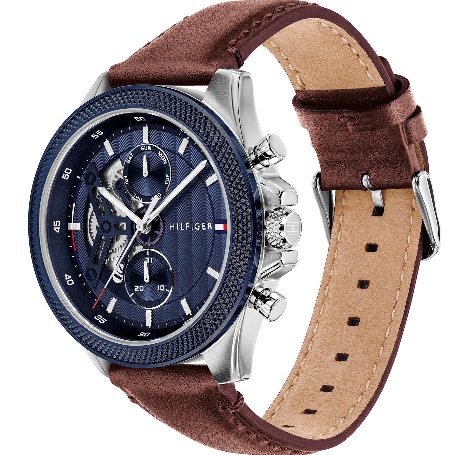Herrenarmbanduhr mit braunem Lederarmband, blauem Zifferblatt und seitlichen Drückern