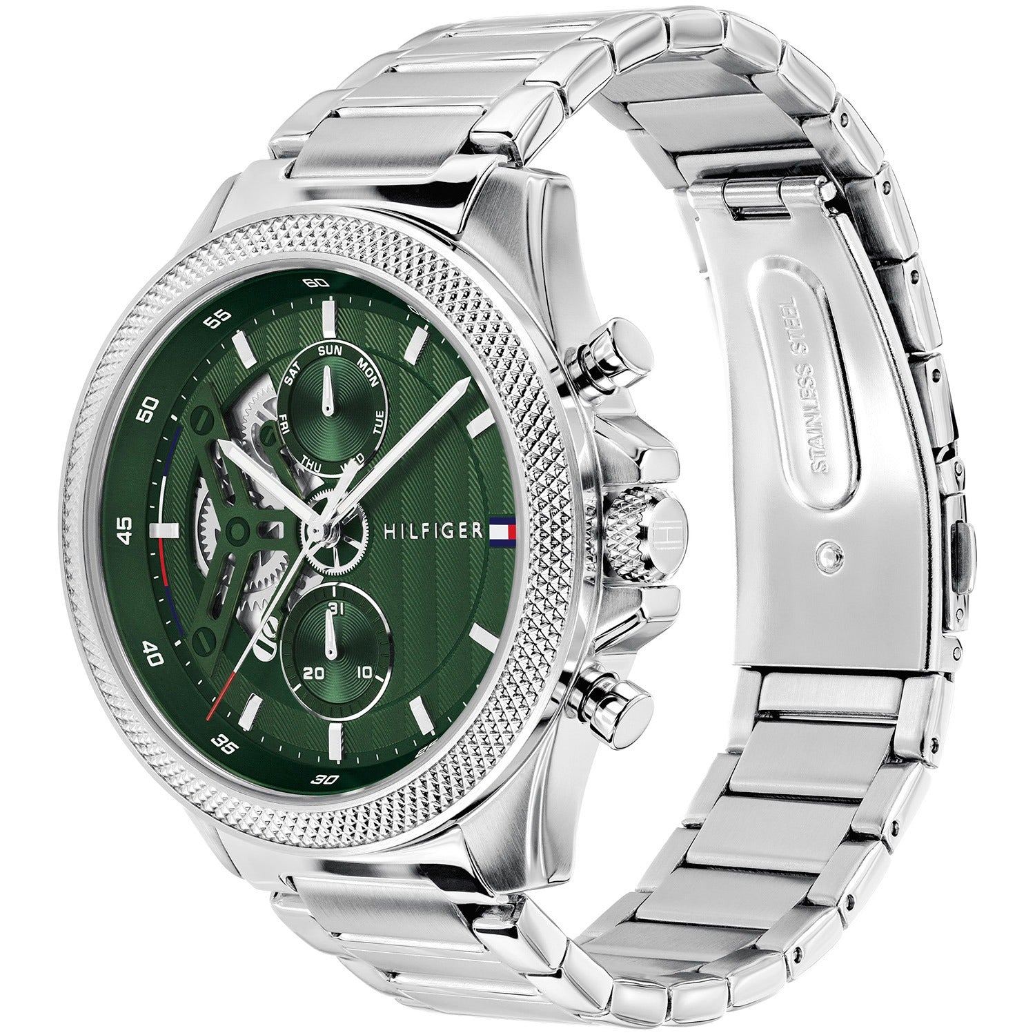 Herren-Armbanduhr mit silbernem Edelstahlgehäuse und -armband, grünes Zifferblatt