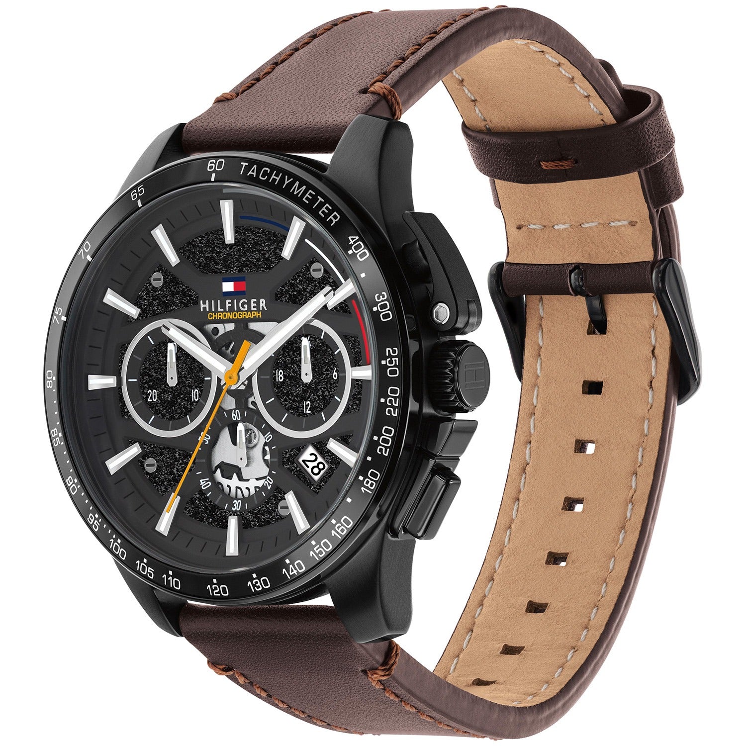 Tommy Hilfiger Armbanduhr: schwarzes Zifferblatt mit Tachymeter, braunes Lederband