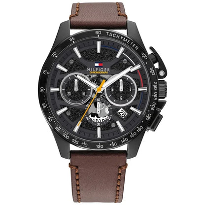 Herren-Armbanduhr mit schwarzem Chronograph-Zifferblatt, Tachymeter, braunem Lederband