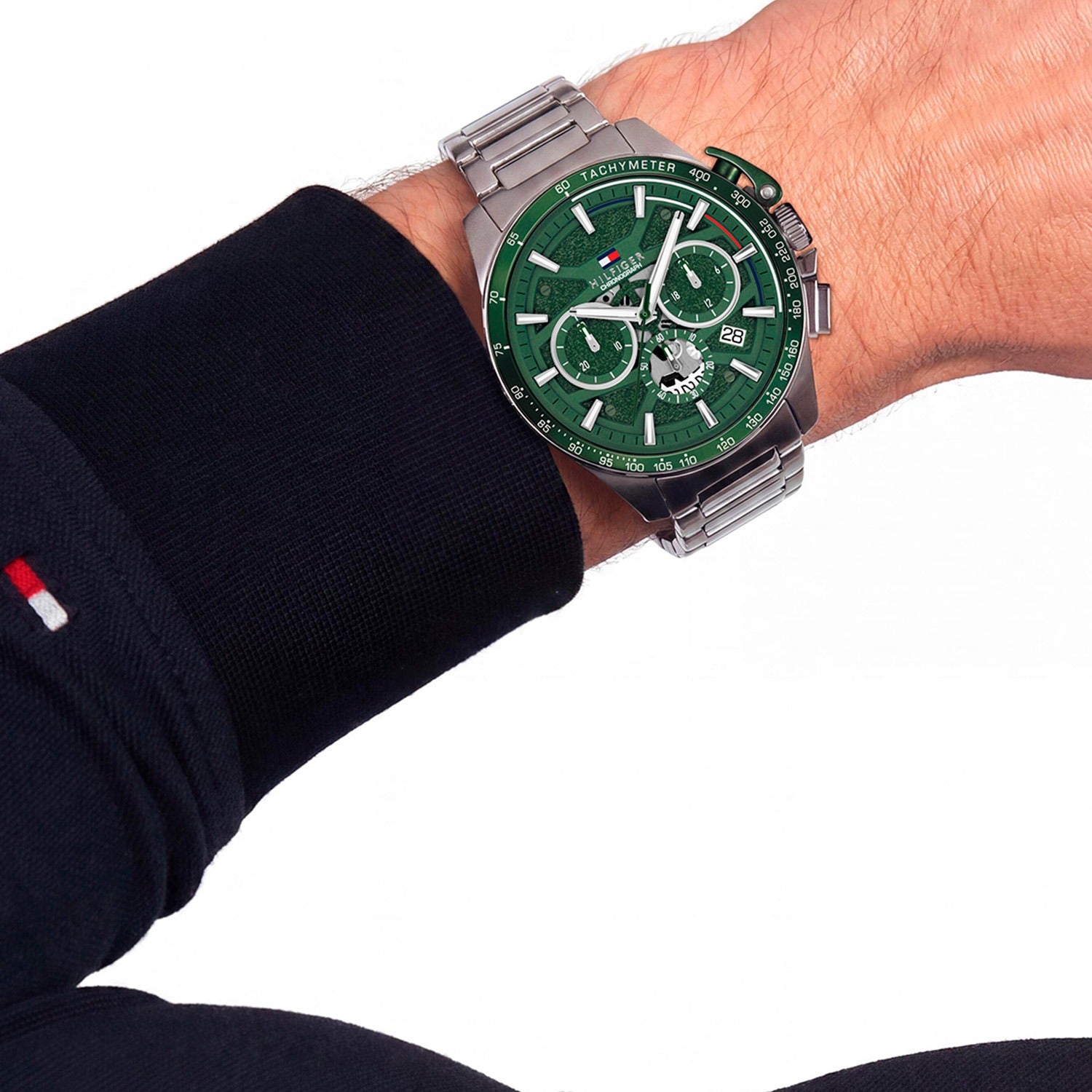 Tommy Hilfiger Herrenarmbanduhr mit grünem Zifferblatt und Edelstahlarmband, Quarzwerk