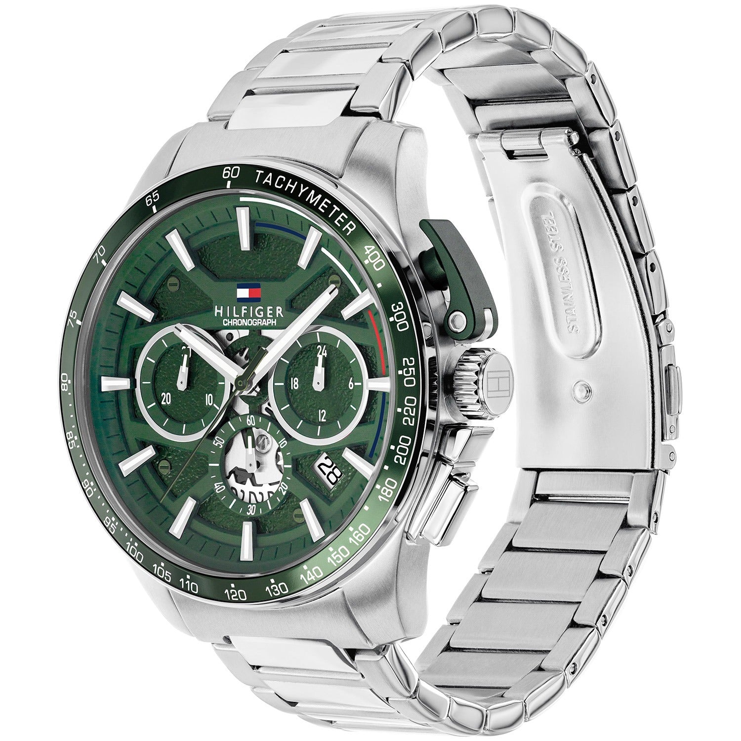 Tommy Hilfiger Herrenarmbanduhr mit grünem Zifferblatt, Chronographen-Optik und Edelstahlgehäuse
