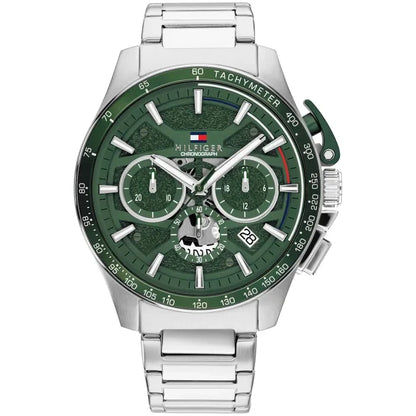 Herrenarmbanduhr mit grünem Zifferblatt, Edelstahlgehäuse und -armband, Chronograph