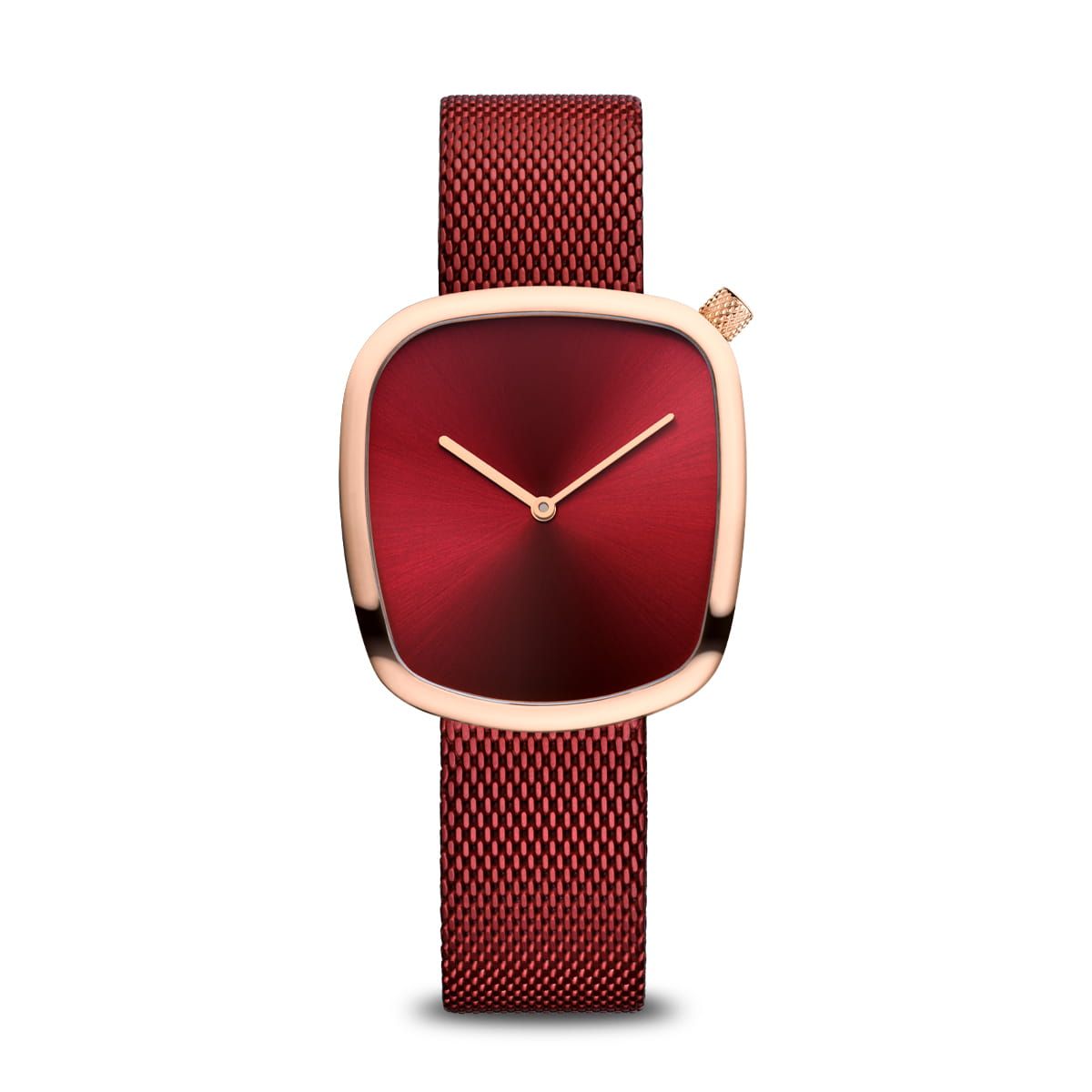 Bering Damenarmbanduhr mit roségoldfarbenem Gehäuse und rotem Milanaise-Armband