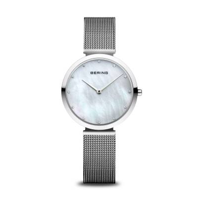 Bering Damen-Armbanduhr mit silbernem Zifferblatt und grauem Milanaise-Armband