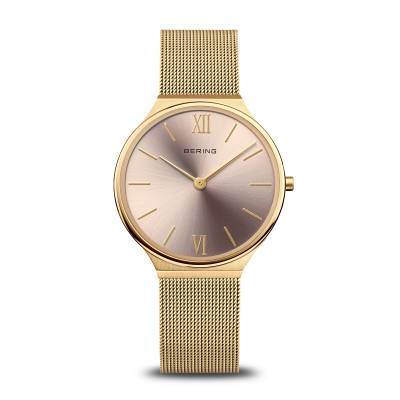 Bering Damenuhr mit goldfarbenem Milanaise-Armband und blauem Zifferblatt