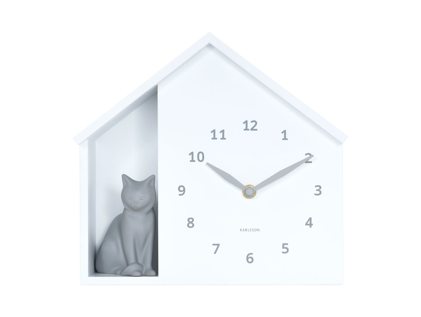 Horloge murale design maison de chat, blanche, avec chat gris assis et cadran