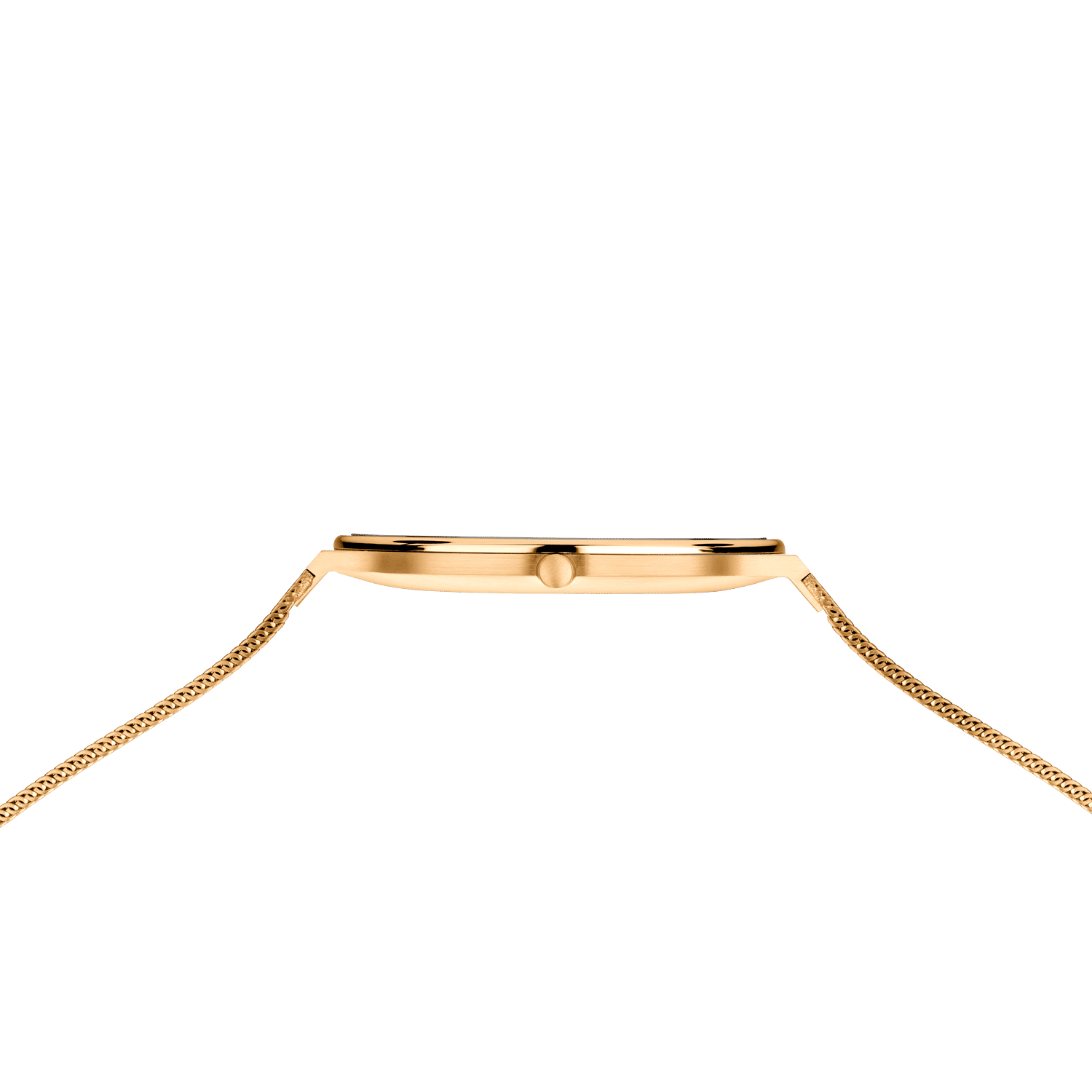 Bering Armbanduhr-Kopf von der Seite: goldfarbenes Gehäuse über Milanaise-Armband