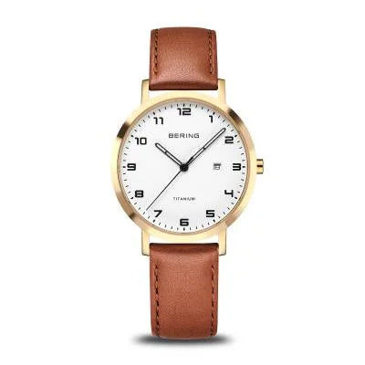 Damenuhr mit braunem Lederarmband und goldfarbenem Gehäuse, weißes Zifferblatt