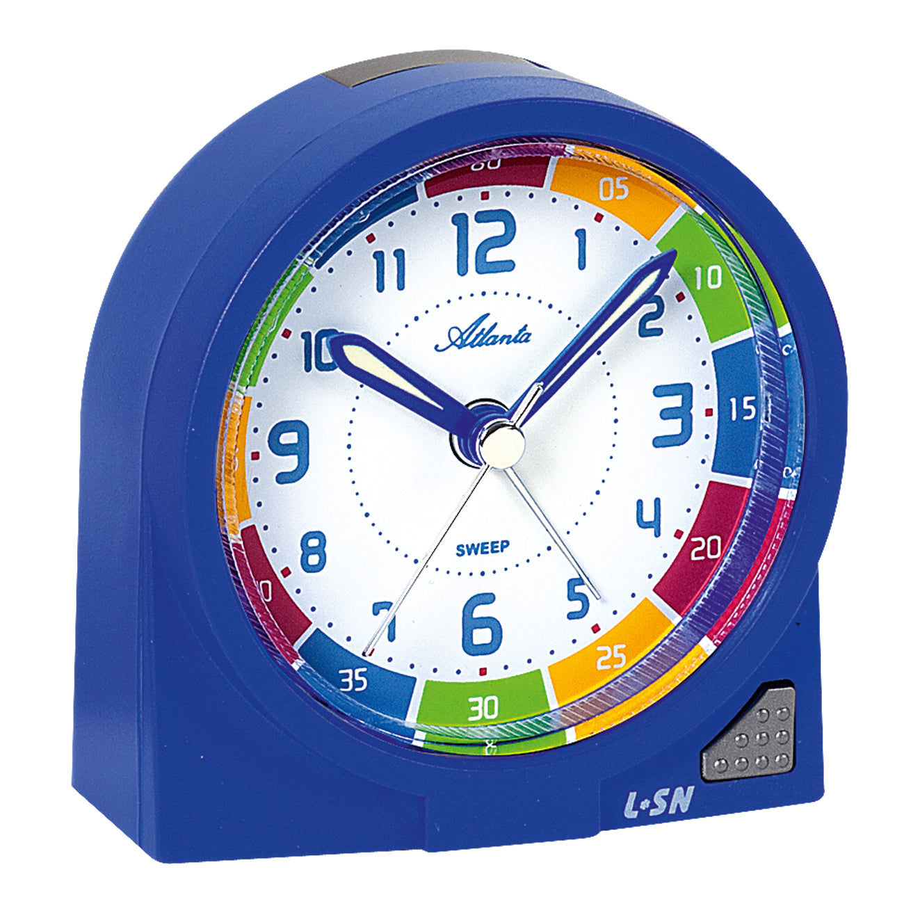 Réveil enfant bleu avec cadran analogique, chiffres colorés et élément lumineux en bas à droite