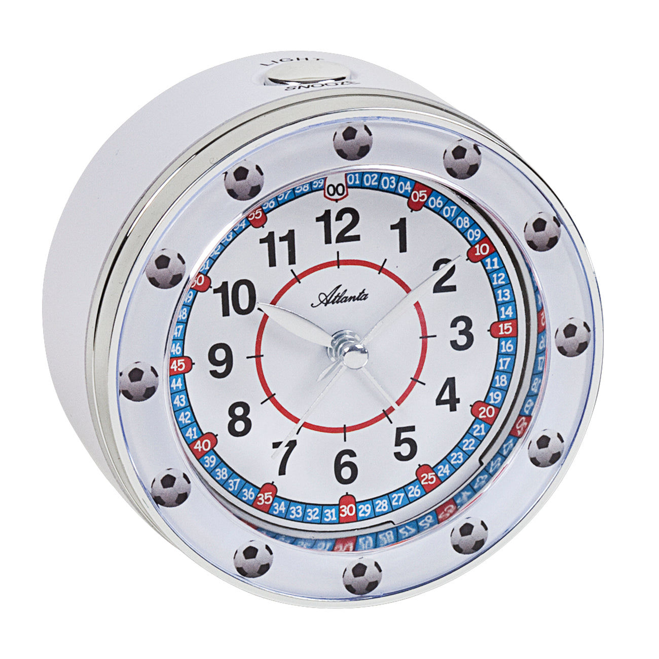 Réveil rond en forme de ballon de football avec cadran blanc et contour de ballon