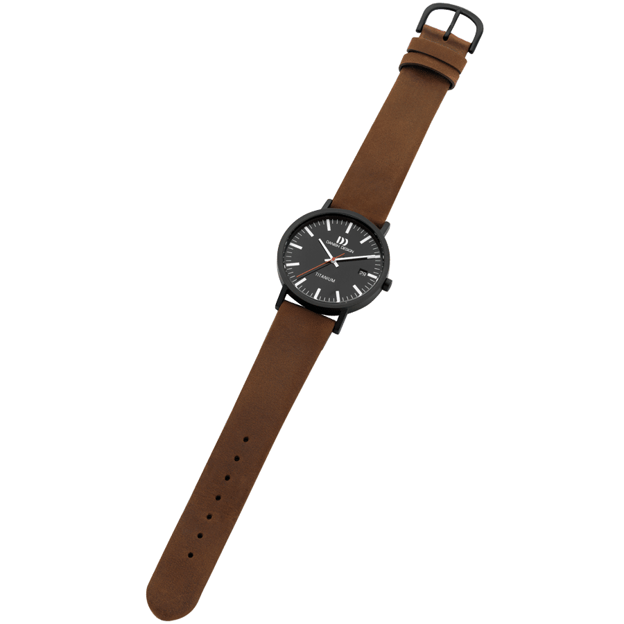 Armbanduhr mit schwarzem Zifferblatt, braunem Lederarmband und Titangehäuse