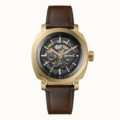 Herrenuhr mit Automatikwerk, goldfarbenem Gehäuse und braunem Lederarmband