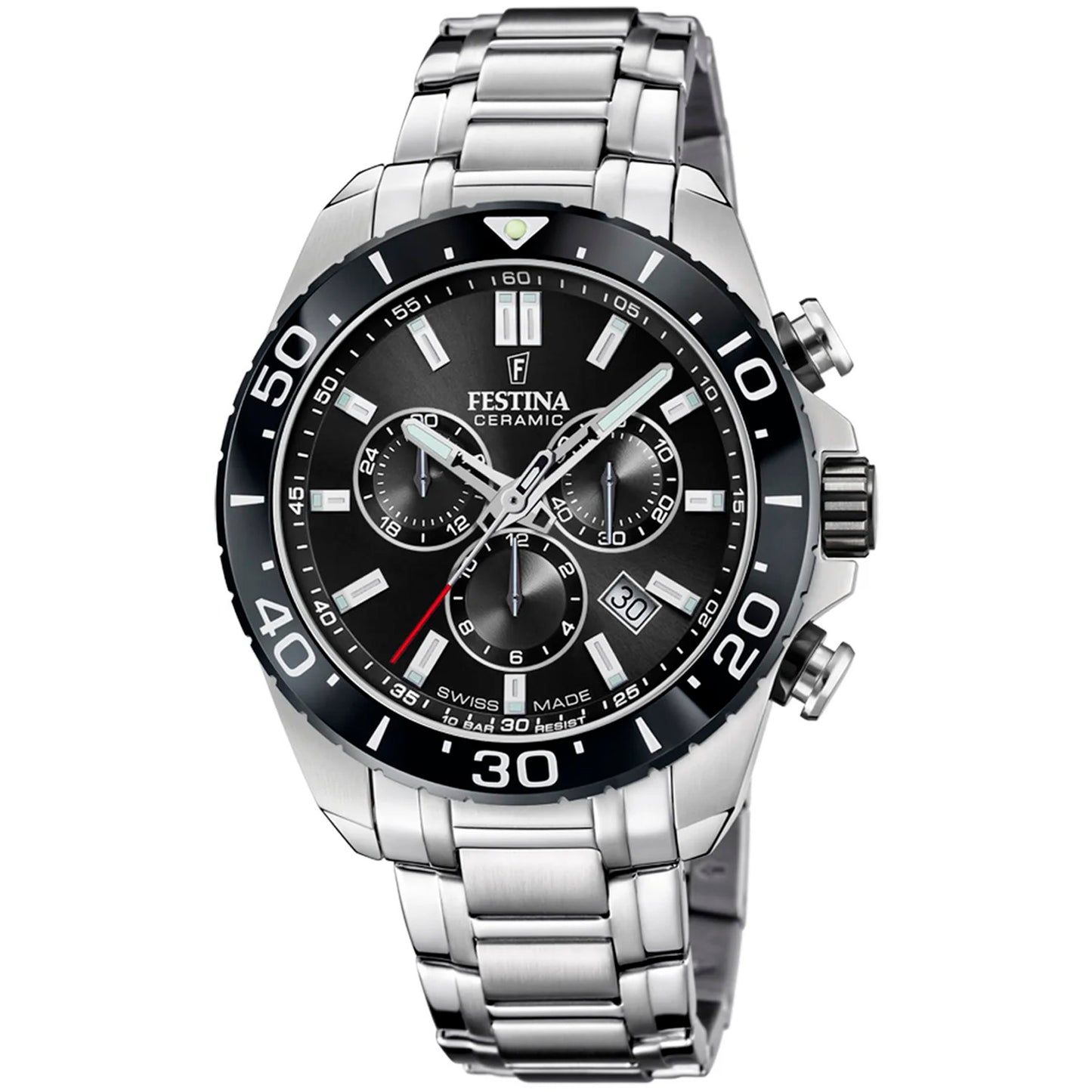 Festina Herrenuhr: schwarzes Ziffernblatt, Chronograph, Edelstahlarmband
