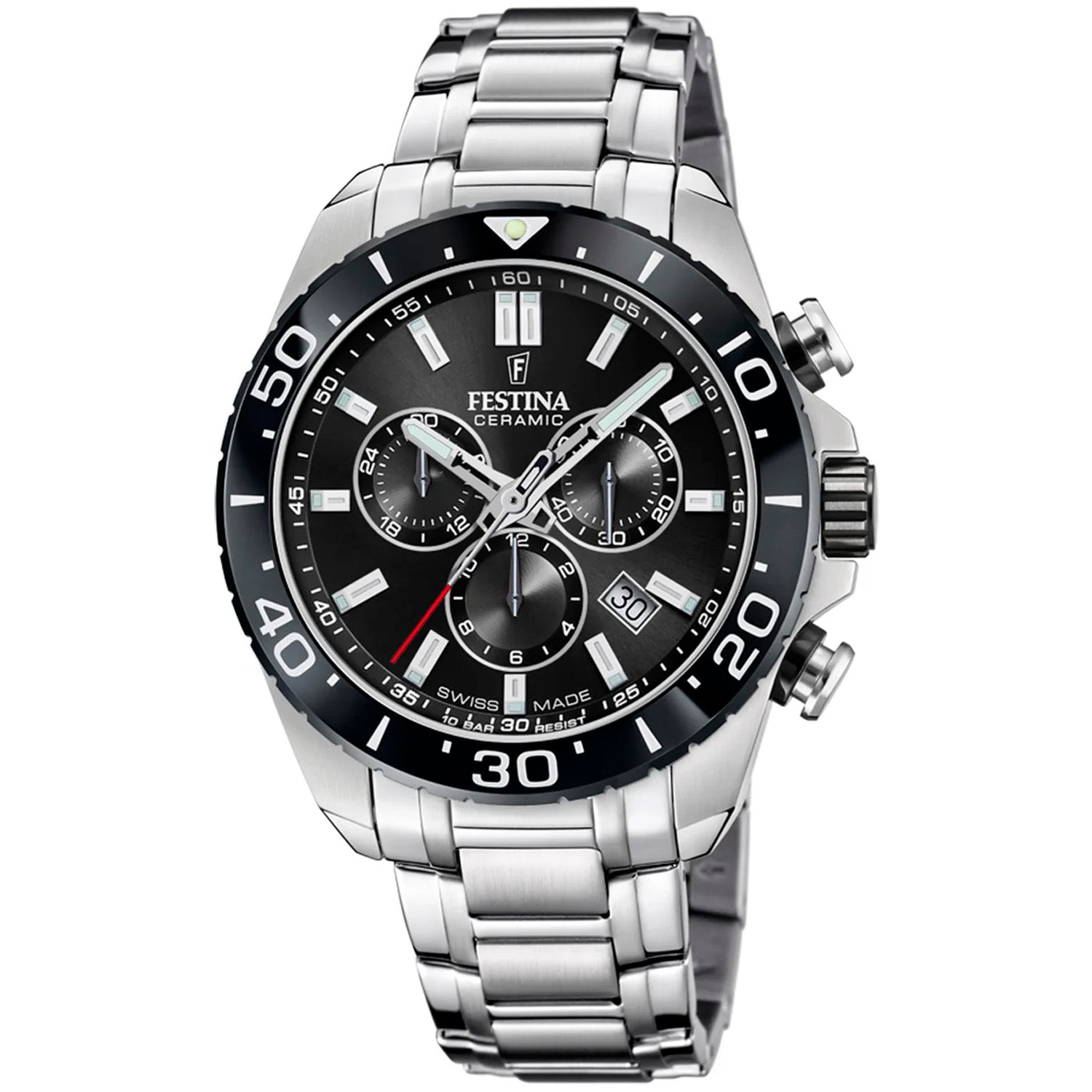 Festina Herrenuhr: schwarzes Ziffernblatt, Chronograph, Edelstahlarmband