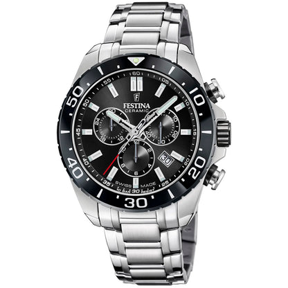 Festina Herrenuhr: schwarzes Ziffernblatt, Chronograph, Edelstahlarmband